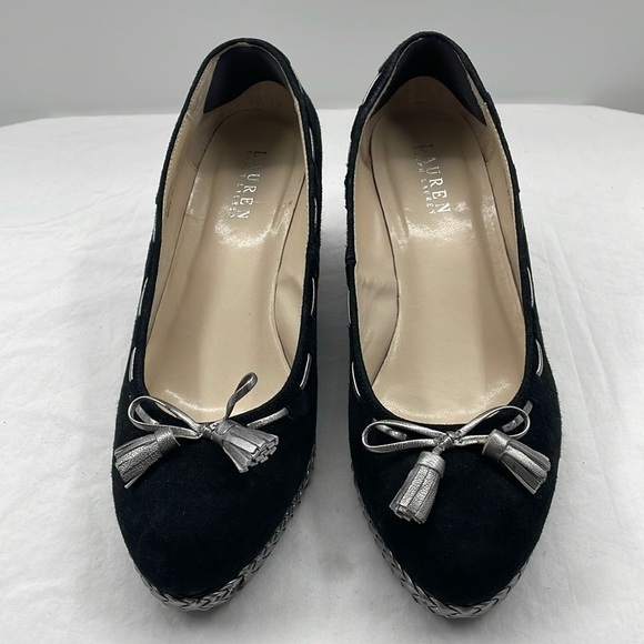 NWOB. Lauren Ralph Lauren 9.5B Cambree Suede Metallic Taupe Wedges. - Picture 3 of 11